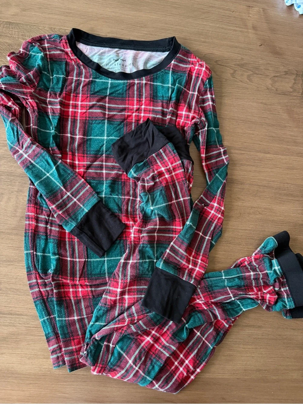 Little Sleepies Red & Green Plaid Kids Pajama Set with Black Trim - 9/10